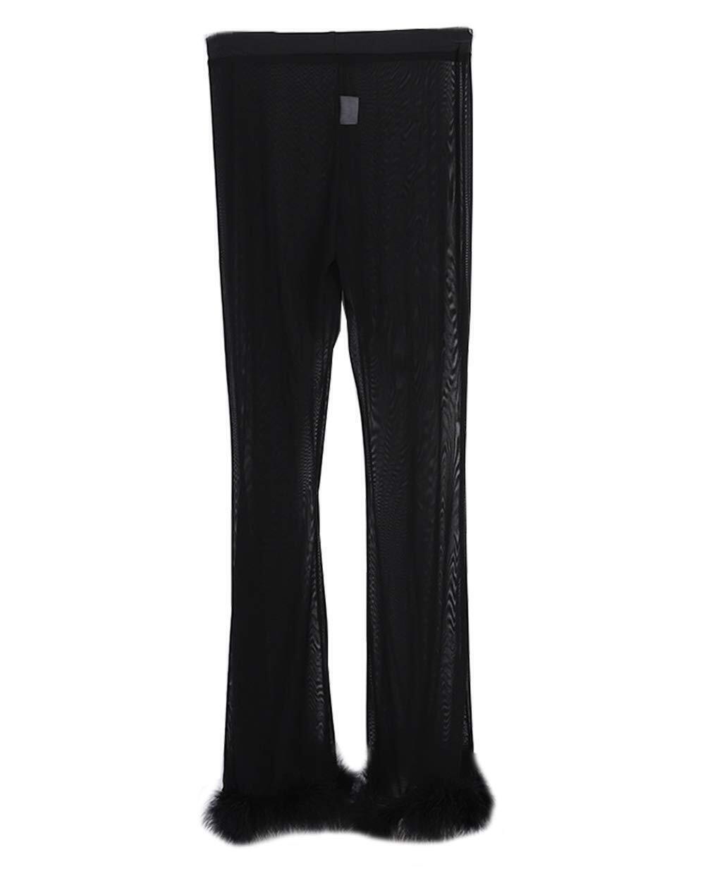 5647 Rave Tie Front Sheer Feather Trim Mesh Faux Fur Leg Pants Blouse Music